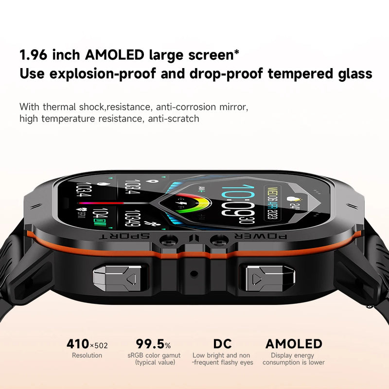 Misirun novo relógio inteligente c26 100+ modos esportivos chamada bluetooth smartwatch 1.96 "à prova d' água relógio de pulso militar ao ar livre