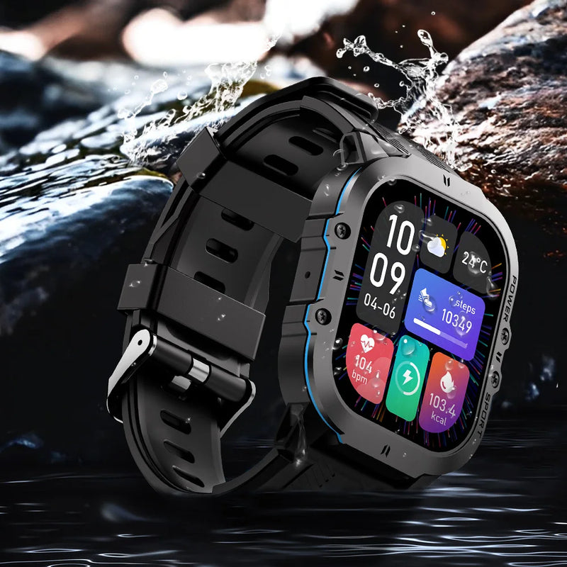 Misirun novo relógio inteligente c26 100+ modos esportivos chamada bluetooth smartwatch 1.96 "à prova d' água relógio de pulso militar ao ar livre