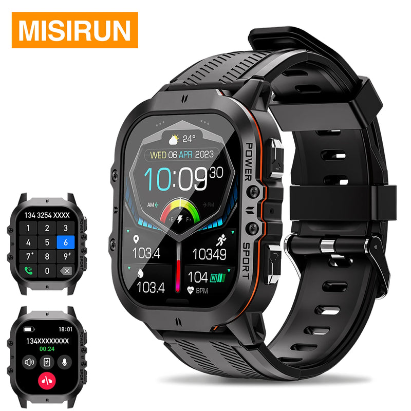 Misirun novo relógio inteligente c26 100+ modos esportivos chamada bluetooth smartwatch 1.96 "à prova d' água relógio de pulso militar ao ar livre